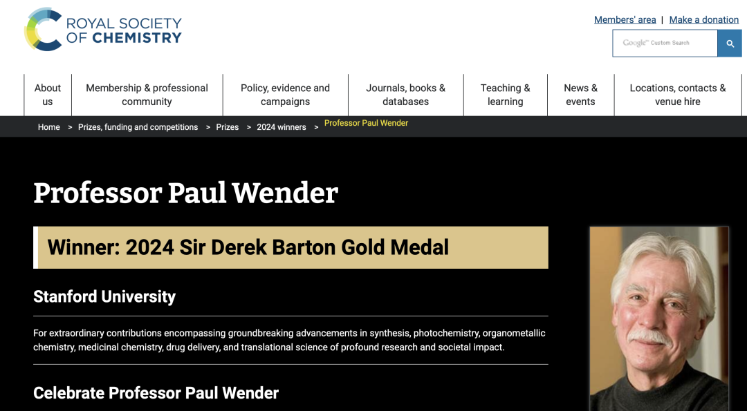 Paul Wender has been awarded the 2024 Biennial Sir Derek Barton Gold Medal by the Royal Society of Chemistry